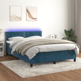 Cama box spring colchón y LED terciopelo azul oscuro 140x190 cm de , Camas y somieres - Ref: Foro24-3134343, Precio: 419,99 €...