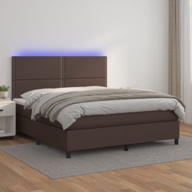 Cama box spring colchón y LED cuero sintético marrón 140x200 cm de , Camas y somieres - Ref: Foro24-3135888, Precio: 534,54 €...