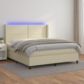 Cama box spring colchón y LED cuero sintético crema 180x200 cm de , Camas y somieres - Ref: Foro24-3139339, Precio: 664,99 €,...