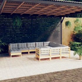 Garden furniture 11 pieces and gray pine wood cushions by , Garden sets - Ref: Foro24-3097042, Price: 870,35 €, Discount: %