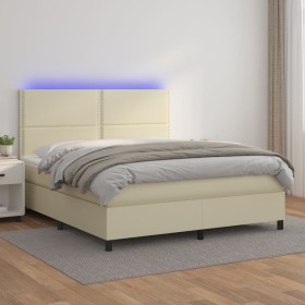 Cama box spring colchón y LED cuero sintético crema 160x200 cm de , Camas y somieres - Ref: Foro24-3135893, Precio: 577,99 €,...