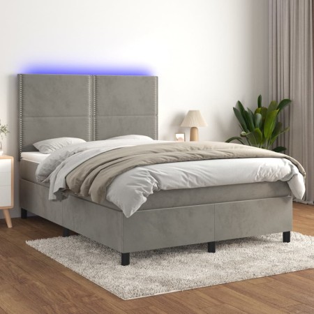 Box spring bed with mattress and LED light gray velvet 140x190 cm by , Beds and slatted bases - Ref: Foro24-3136059, Price: 5...