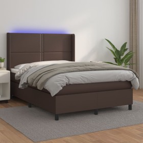 Box spring bed with mattress and LED brown synthetic leather 140x190 cm by , Beds and slatted bases - Ref: Foro24-3139322, Pr...