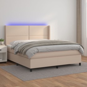 Box spring bed LED mattress cappuccino synthetic leather 160x200cm by , Beds and slatted bases - Ref: Foro24-3139336, Price: ...