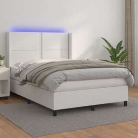 Box spring bed with mattress and LED white synthetic leather 140x190 cm by , Beds and slatted bases - Ref: Foro24-3139320, Pr...