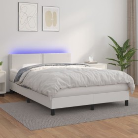 Box spring bed with mattress and LED white synthetic leather 140x200 cm by , Beds and slatted bases - Ref: Foro24-3134166, Pr...