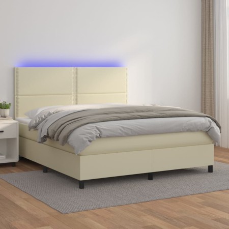 Cama box spring colchón y LED cuero sintético crema 180x200 cm de , Camas y somieres - Ref: Foro24-3135899, Precio: 645,58 €,...