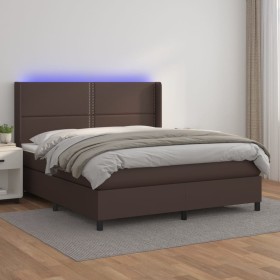 Box spring bed with mattress and LED brown synthetic leather 180x200 cm by , Beds and slatted bases - Ref: Foro24-3139340, Pr...