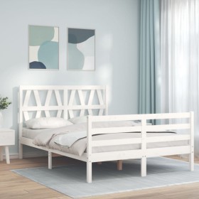 Estructura cama de matrimonio con cabecero madera maciza blanco de , Camas y somieres - Ref: Foro24-3194352, Precio: 151,17 €...