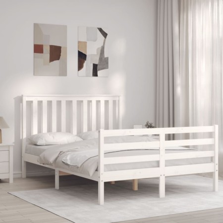 Estructura cama de matrimonio con cabecero madera maciza blanco de , Camas y somieres - Ref: Foro24-3194222, Precio: 153,54 €...