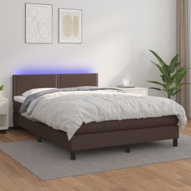 Cama box spring colchón y LED cuero sintético marrón 140x190 cm de , Camas y somieres - Ref: Foro24-3134162, Precio: 470,99 €...