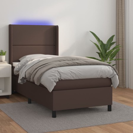 Cama box spring y colchón LED cuero sintético marrón 90x200 cm de , Camas y somieres - Ref: Foro24-3139304, Precio: 401,71 €,...