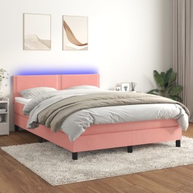 Cama box spring colchón y LED terciopelo rosa 140x200 cm de , Camas y somieres - Ref: Foro24-3134350, Precio: 432,73 €, Descu...