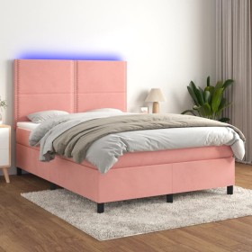 Cama box spring colchón y LED terciopelo rosa 140x190 cm de , Camas y somieres - Ref: Foro24-3136064, Precio: 499,92 €, Descu...