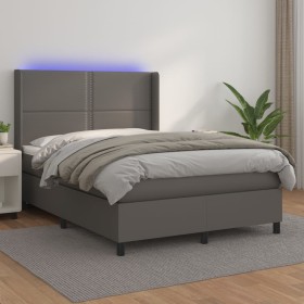 Box spring bed with mattress and LED gray synthetic leather 140x190 cm by , Beds and slatted bases - Ref: Foro24-3139323, Pri...