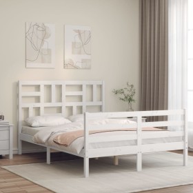 Estructura cama de matrimonio con cabecero madera maciza blanco de , Camas y somieres - Ref: Foro24-3194872, Precio: 151,99 €...