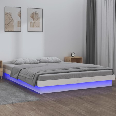 Bed frame with LED solid wood white 135x190 cm by , Beds and slatted bases - Ref: Foro24-820013, Price: 169,09 €, Discount: %