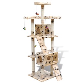 Katzenkratzbaum mit 2 beigen Häusern mit Fußabdrücken 170 cm von , Katzenmöbel - Ref: Foro24-170097, Preis: 134,99 €, Rabatt: %