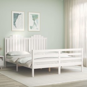 Double bed frame with white solid wood headboard by , Beds and slatted bases - Ref: Foro24-3194187, Price: 171,99 €, Discount: %