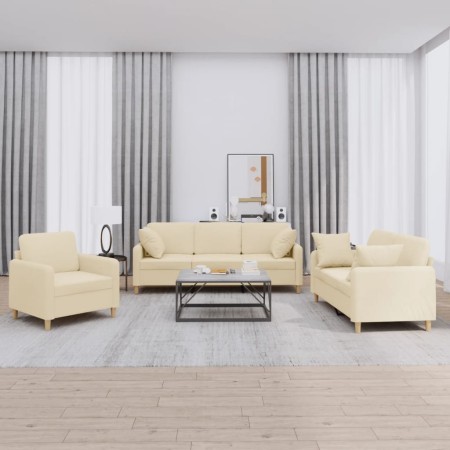 Sofa set with cushions 3 pieces cream fabric by , Sofas - Ref: Foro24-3202072, Price: 679,29 €, Discount: %