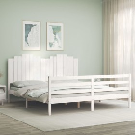 Estructura cama de matrimonio con cabecero madera maciza blanco de , Camas y somieres - Ref: Foro24-3194197, Precio: 198,99 €...