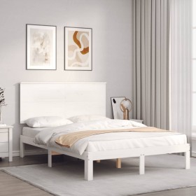 Estructura cama de matrimonio con cabecero madera maciza blanco de , Camas y somieres - Ref: Foro24-3193632, Precio: 143,18 €...