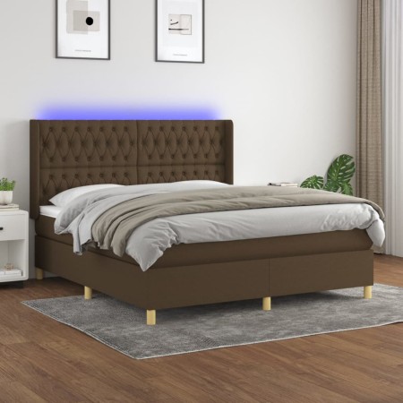 Box spring bed mattress LED lights dark brown fabric 160x200cm by , Beds and slatted bases - Ref: Foro24-3139128, Price: 649,...