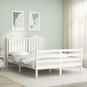 Estructura cama de matrimonio con cabecero madera maciza blanco de , Camas y somieres - Ref: Foro24-3194157, Precio: 173,99 €...