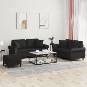 3-teilige Sofagarnitur aus schwarzem Kunstleder mit Kissen von , Sofas - Ref: Foro24-3202165, Preis: 550,99 €, Rabatt: %