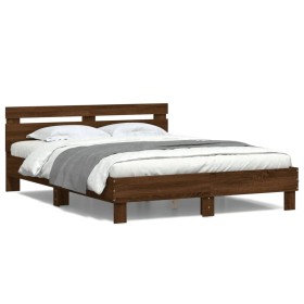 Oak brown headboard bed frame and LED lights 150x200 cm by , Beds and slatted bases - Ref: Foro24-3207545, Price: 158,99 €, D...