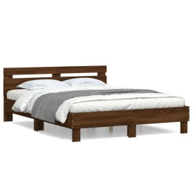 Oak brown engineered wood bed with headboard 140x190 cm by , Beds and slatted bases - Ref: Foro24-3207440, Price: 158,06 €, D...