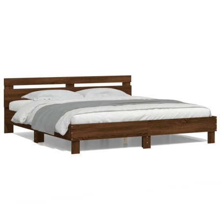 Estructura de cama cabecero y luces LED marrón roble 200x200 cm de , Camas y somieres - Ref: Foro24-3207524, Precio: 175,99 €...