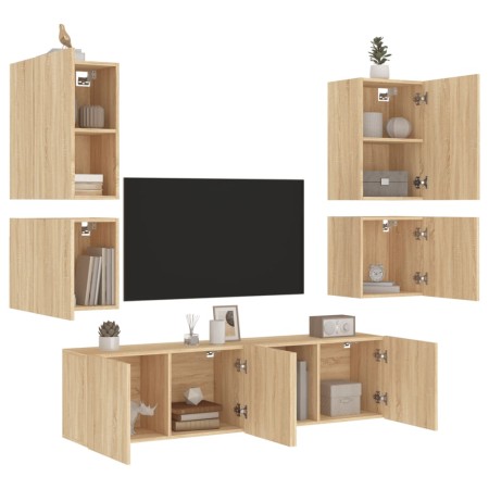 Wall TV cabinets 6 pieces engineered wood Sonoma oak by , TV Furniture - Ref: Foro24-3216473, Price: 192,83 €, Discount: %