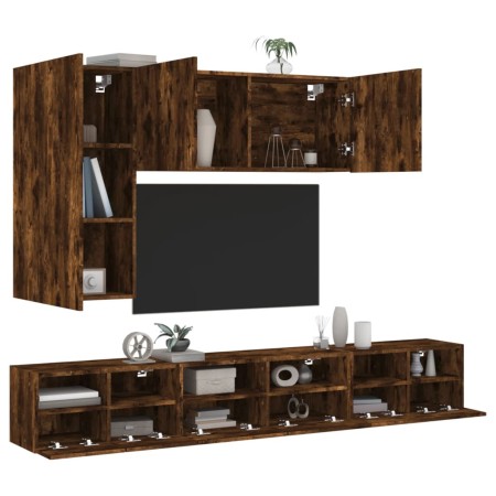 Wall TV cabinets 5 pieces engineered wood smoked oak by , TV Furniture - Ref: Foro24-3216562, Price: 215,96 €, Discount: %