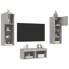 Wall TV Cabinets with LED Lights 4 Pieces Sonoma Gray by , TV Furniture - Ref: Foro24-3216581, Price: 138,74 €, Discount: %