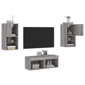 Wall TV Cabinets with LED Lights 4 Pieces Sonoma Gray by , TV Furniture - Ref: Foro24-3216574, Price: 120,99 €, Discount: %