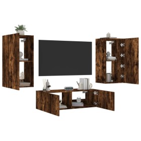 Wall TV cabinets with LED lights 3 pieces smoked oak by , TV Furniture - Ref: Foro24-3216878, Price: 169,99 €, Discount: %