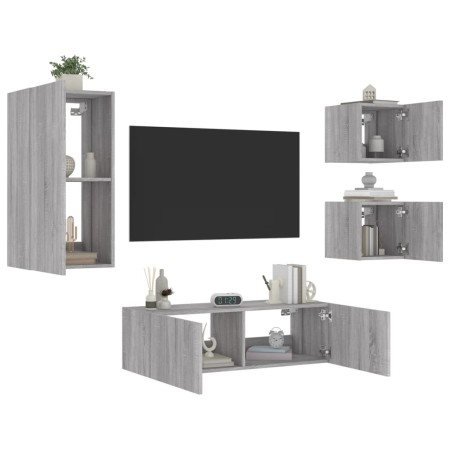 Muebles de TV de pared con luces LED 4 piezas gris Sonoma de , Muebles TV - Ref: Foro24-3216886, Precio: 166,27 €, Descuento: %