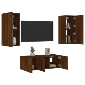 TV wall furniture with LED 4 pieces oak brown engineered wood by , TV Furniture - Ref: Foro24-3216810, Price: 164,05 €, Disco...