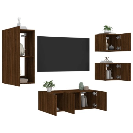 TV wall furniture with LED 5 pieces oak brown engineered wood by , TV Furniture - Ref: Foro24-3216831, Price: 190,19 €, Disco...