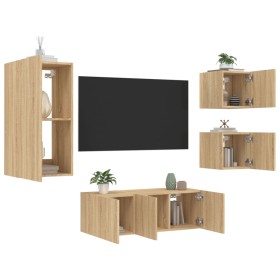 TV wall furniture with LED 5 pieces engineered wood Sonoma oak by , TV Furniture - Ref: Foro24-3216827, Price: 185,99 €, Disc...