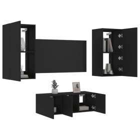 Wall TV cabinets with LED 4 pieces black engineered wood by , TV Furniture - Ref: Foro24-3216819, Price: 191,99 €, Discount: %