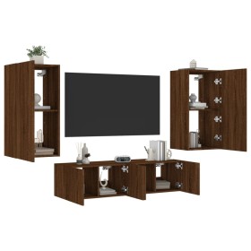 TV wall furniture with LED 4 pieces oak brown engineered wood by , TV Furniture - Ref: Foro24-3216852, Price: 200,99 €, Disco...