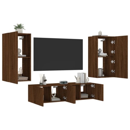 TV wall furniture with LED 4 pieces oak brown engineered wood by , TV Furniture - Ref: Foro24-3216852, Price: 200,99 €, Disco...