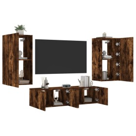 TV wall furniture with LED 4 pieces engineered wood smoked oak by , TV Furniture - Ref: Foro24-3216850, Price: 194,99 €, Disc...