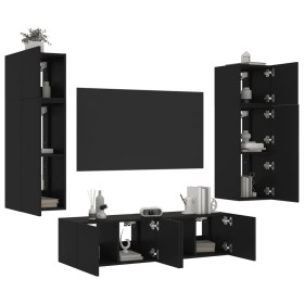 Wall TV cabinets with LED 6 pieces black engineered wood by , TV Furniture - Ref: Foro24-3216833, Price: 232,99 €, Discount: %