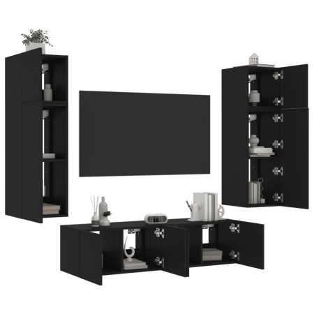 Wall TV cabinets with LED 6 pieces black engineered wood by , TV Furniture - Ref: Foro24-3216833, Price: 237,31 €, Discount: %