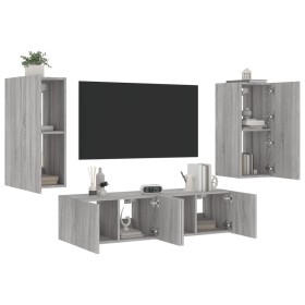 TV wall furniture with LED 4 pieces engineered wood gray Sonoma by , TV Furniture - Ref: Foro24-3216844, Price: 187,24 €, Dis...