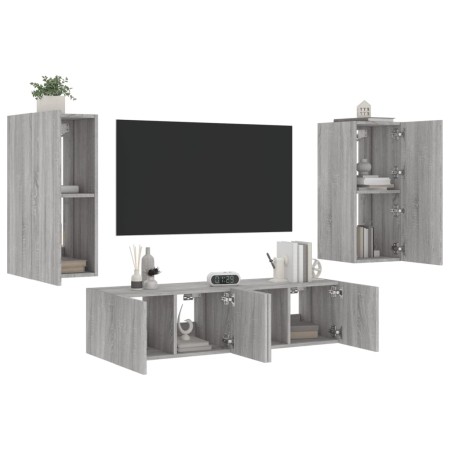 Muebles TV pared con LED 4 pzas madera ingeniería gris Sonoma de , Muebles TV - Ref: Foro24-3216844, Precio: 187,24 €, Descue...