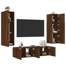 TV wall furniture with LED 6 pieces oak brown engineered wood by , TV Furniture - Ref: Foro24-3216838, Price: 236,99 €, Disco...